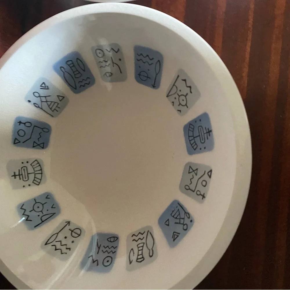 3 Rare Vintage Nola Ware Hand Painted Atomic Art Deco 3”Blue White Bowls MCM